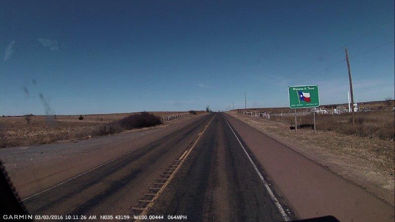 We now have a dashcam for the RV. I couldn't resist taking a picture of the Welcome to Texas sign.