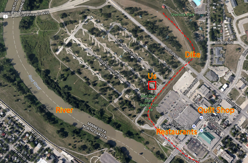 Sattelite view of our campground, and how we are inside the dike, next to the river and downtown. You can see how the neighborhood was laid out.